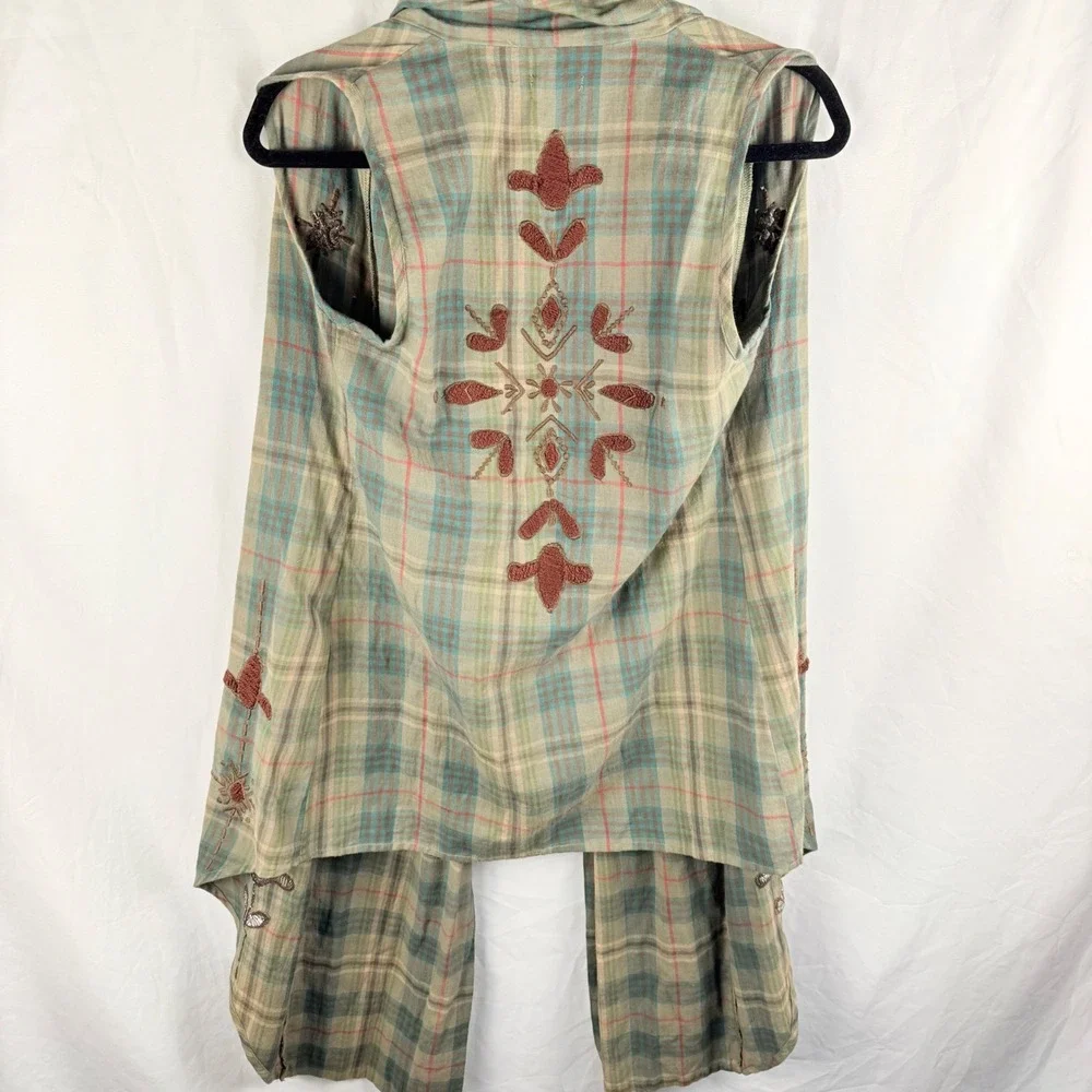 Kyla Seo Embroidered‎ Plaid Lagenlook Vest Small Green Brown Boho Fairygrunge